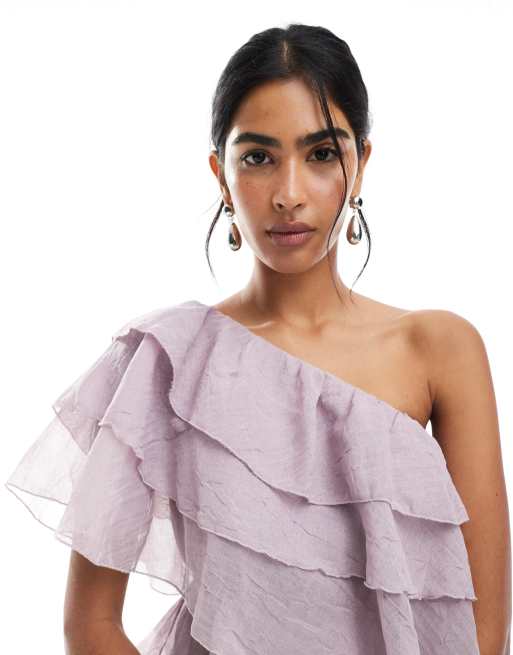 Vero Moda - Mini-jurk van gelaagd chiffon met blote schouder en ruches in lila, 3 van 4