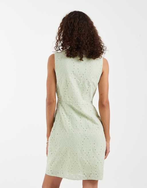Vero Moda - Mini jurk van katoen met broderie en V-hals in licht mistgroen, 4 van 4