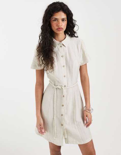 Vero Moda - Mini overhemdjurk met linnenlook en gevlochten riem in lichtbeige - view 1