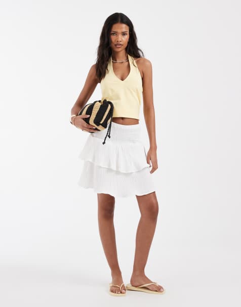 Vero Moda - Mini rok van kaasdoek met gesmokte taille en ruches aan de zoom in wit - view 1