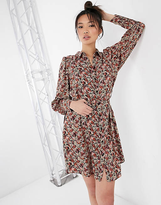 Vero Moda mini shirt dress with belted waist and balloon sleeve in red ditsy floral