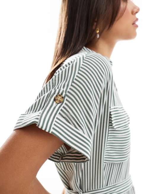 Vero Moda mini shirt dress with pockets in khaki green stripe, 2 of 4
