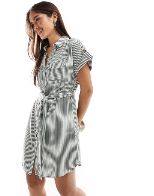 Vero Moda mini shirt dress with pockets in khaki green stripe, 3 of 4