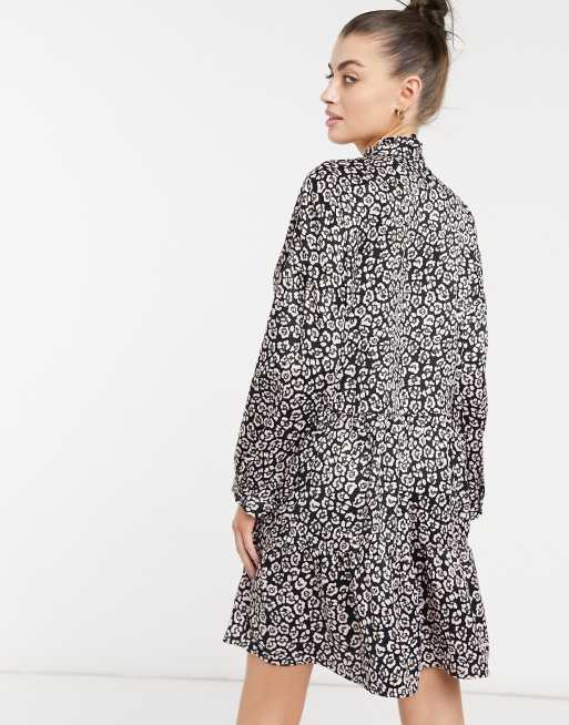 Vero Moda mini smock dress with high neck in black animal print, 2 of 4