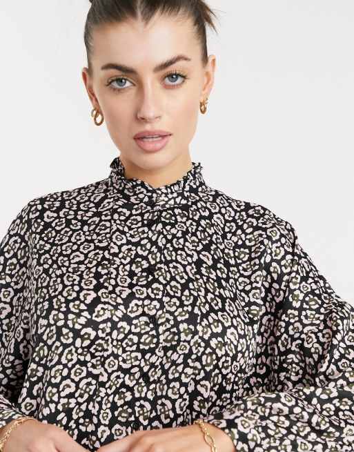 Vero Moda mini smock dress with high neck in black animal print, 3 of 4