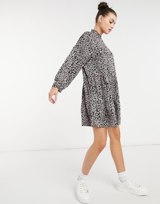 Vero Moda mini smock dress with high neck in black animal print, 4 of 4