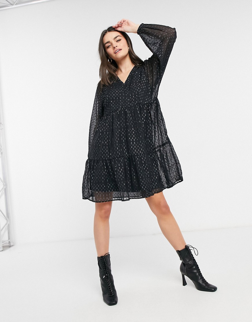 Vero Moda mini smock dress with puff sleeves in black polka dot print-Silver