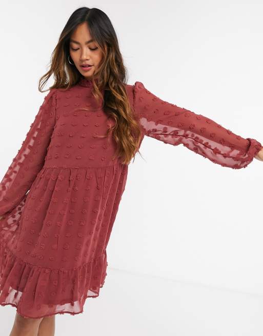 Vero Moda Mini Smock Dress With Textured Spot In Rust Asos