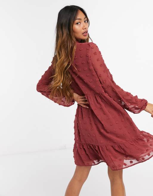 Vero Moda Mini Smock Dress With Textured Spot In Rust Asos
