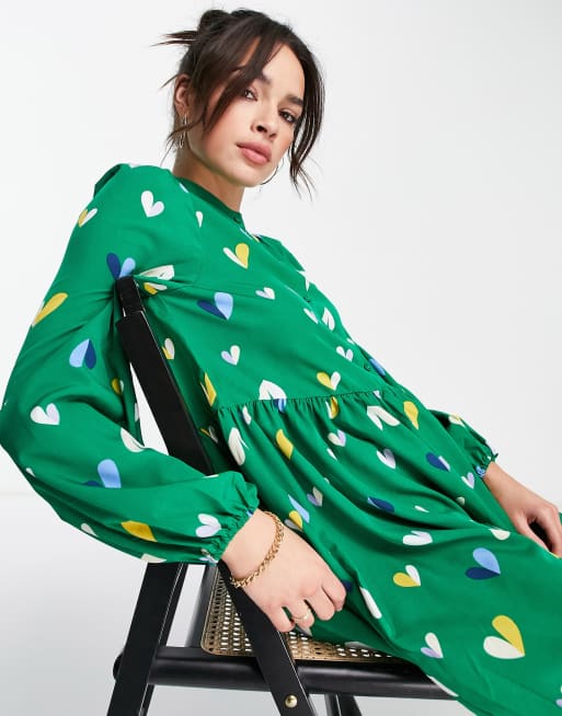Vero Moda - Mini-smockjurk met knopen voor in groen met hartjesprint, 2 van 4