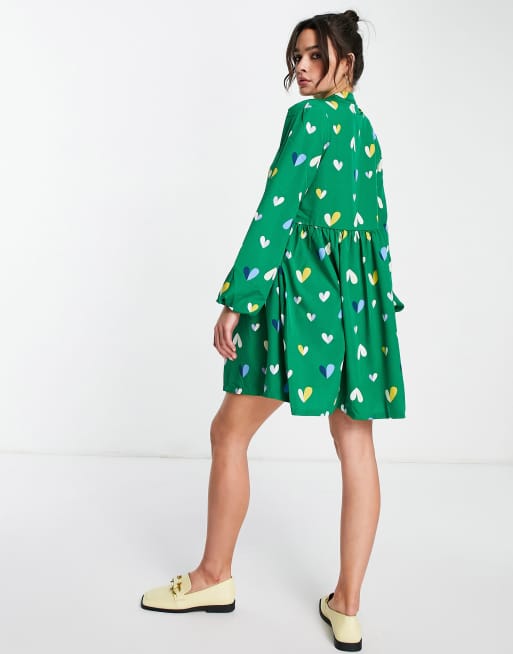 Vero Moda - Mini-smockjurk met knopen voor in groen met hartjesprint, 3 van 4