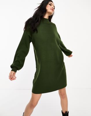 Vero Moda - Mini-Strickkleid in Khaki mit Trichterkragen-Grün