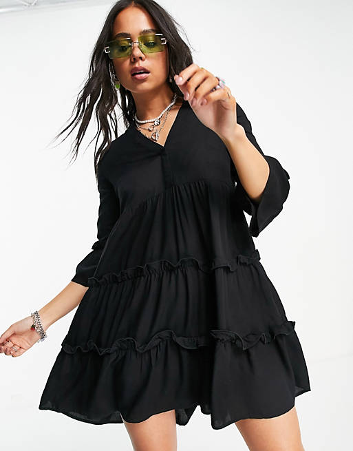 Vero Moda mini tiered smock dress in black