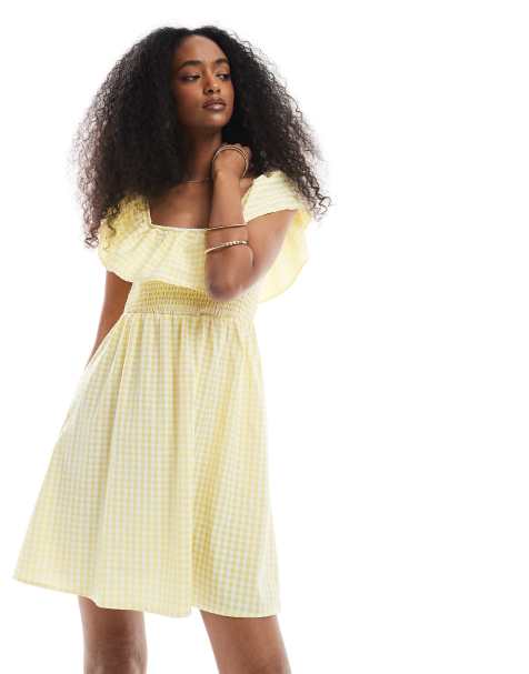 Vero Moda - Minikjole med rynket overdel, flæsedetaljer og gule gingham-tern - view 1