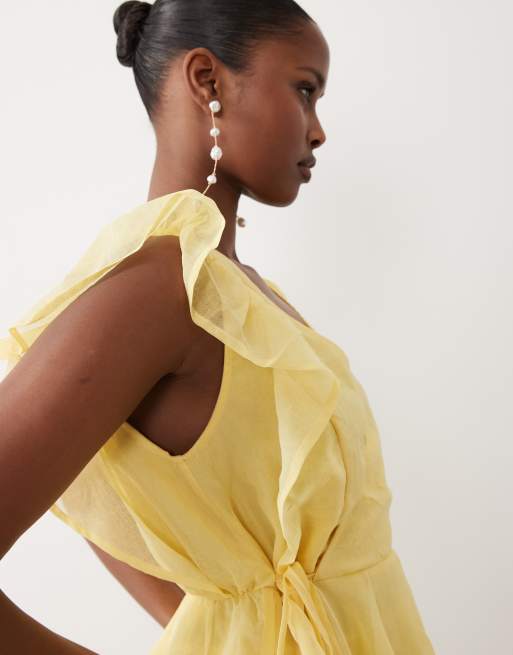 Vero Moda – Minikleid in blassem Bananengelb mit gewickelter Vorderseite und Rüschensaum, 3 von 4