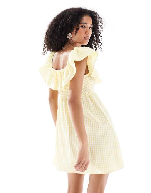Vero Moda – Minikleid in Gelb mit Vichy-Karos, gesmoktem Oberteil und Rüschen-Detail, 2 von 4