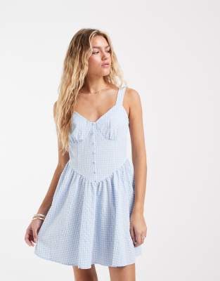 Minikleid mit Knopfleiste und Vichy-Karomuster in Blau und Weiß Blau XS
