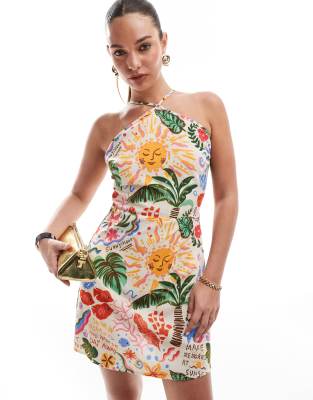 Vero Moda - Minikleid mit Neckholder und auffälligem tropischem Muster-Bunt