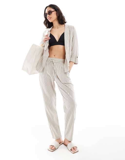 Vero Moda - Mix and Match - Blazer d'ensemble ajusté en aspect lin rayé - Crème, 4 de 4