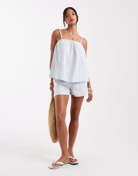Vero Moda mix and match cotton shorts co-ord in green stripe - view 1