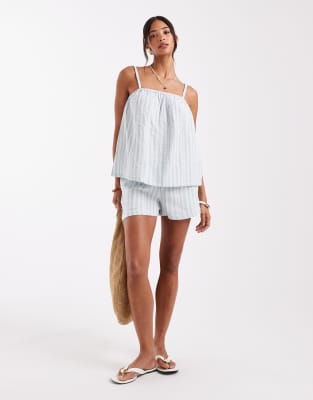 Vero Moda mix and match cotton shorts in green stripe - part of a set-Blue