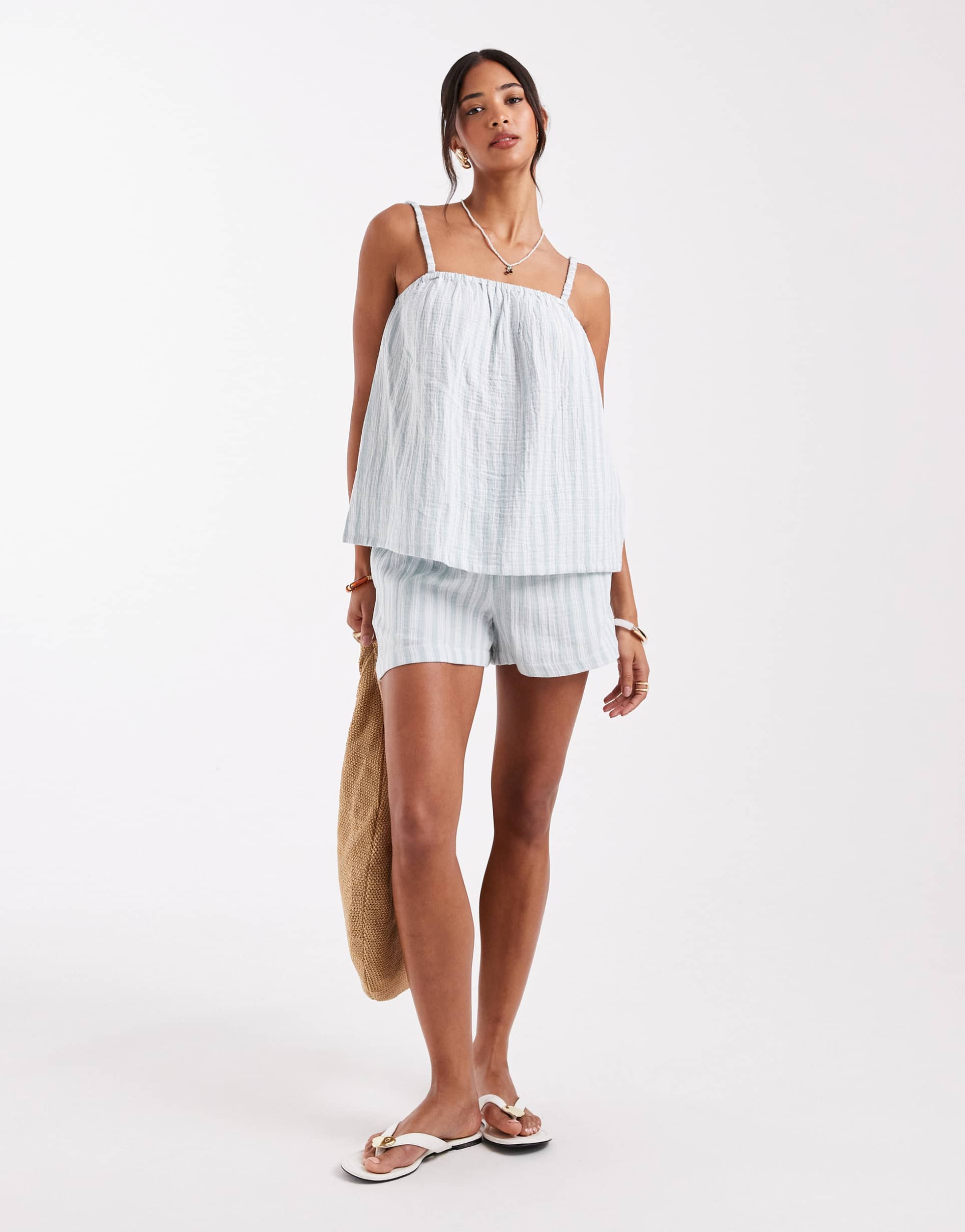 vero moda mix and match cotton shorts in green stripe - part of a set