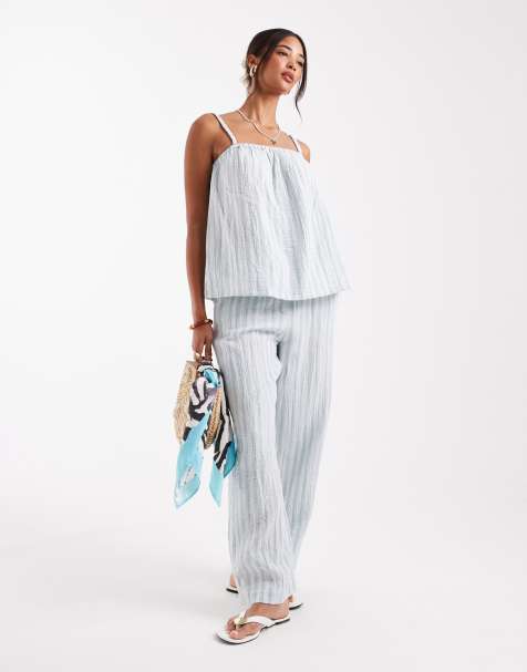 Vero Moda mix and match cotton trouser co-ord in green stripe - view 1