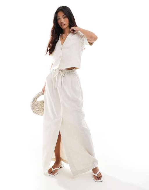 Vero Moda - Mix and Match - Gonna lunga a colonna allacciata in vita beige in misto lino con spacco sul davanti