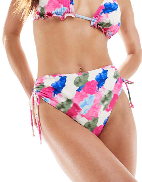 Vero Moda mix and match high waisted bikini bottoms with ruched side in bright watercolour print - view 1