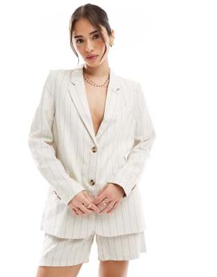 Vero Moda Vero Moda mix and match linen touch oversized blazer co-ord in oatmeal stripe-Neutral
