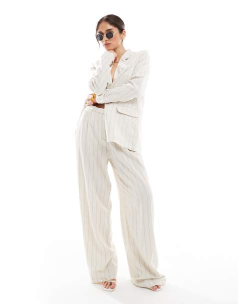 Vero Moda mix and match linen touch pleat front trouser co-ord in oatmeal stripe - view 1