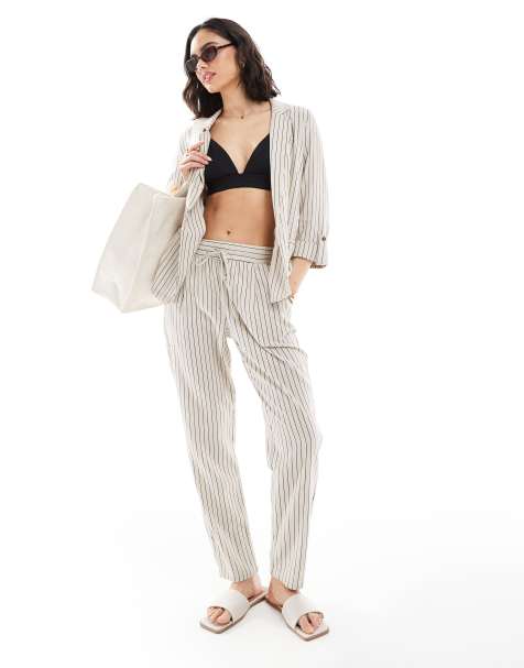 Vero Moda Mix and Match linen touch set in cream stripe - view 1