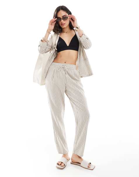 Vero Moda mix and match linen touch tapered pants in cream stripe - part of a set - view 1