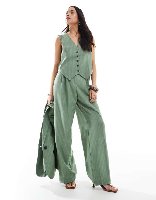 Vero Moda - Mix and Match - Pantaloni con fondo ampio verde gessato in coordinato, 5 di 5