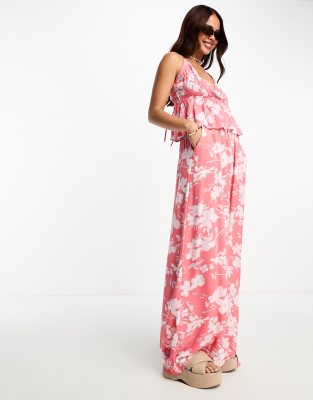 Vero Moda mix and match shirred waist wide leg pants in coral print (part of a set)