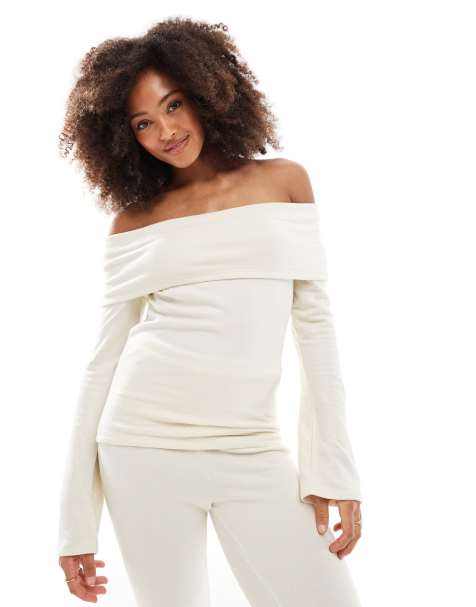 Vero Moda mix and match supersoft off shoulder top in cream melange