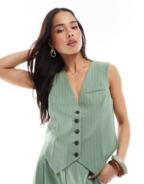 Vero Moda – Mix and Match – Weste in Grün mit Nadelstreifen, Kombiteil - view 1
