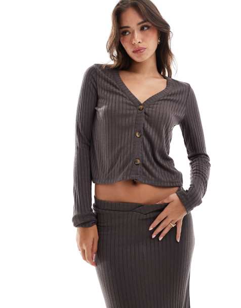 Vero Moda - Mix en match - Vest van geribbelde jersey in taupe grijs, deel van co-ord set - view 1
