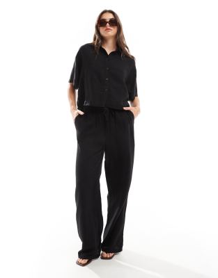 Vero Moda - Mix & Match - Hose aus Leinenmix in Schwarz mit weitem Bein und Taillenschnürung