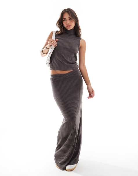 Vero Moda mix & match ribbed jersey crop top, cardigan and and maxi skirt co-ord in taupe grey - view 1