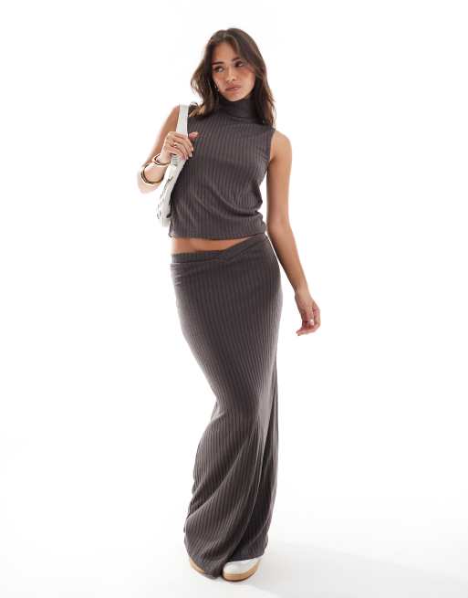 Vero Moda mix & match ribbed jersey crop top, cardigan and maxi skirt set in taupe gray