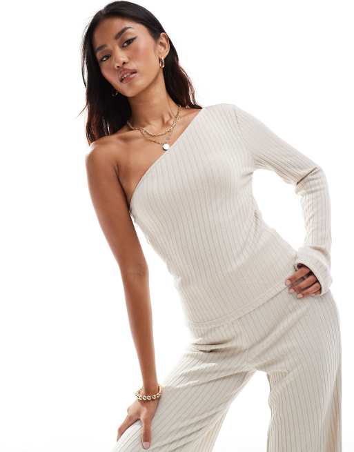 Vero Moda mix & match ribbed jersey one shoulder top in stone - part of a set