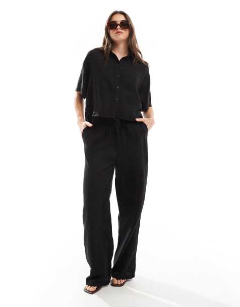 Vero Moda - Mix og match - Sorte bukser med vide ben og bindebånd i taljen i hørblanding - view 1