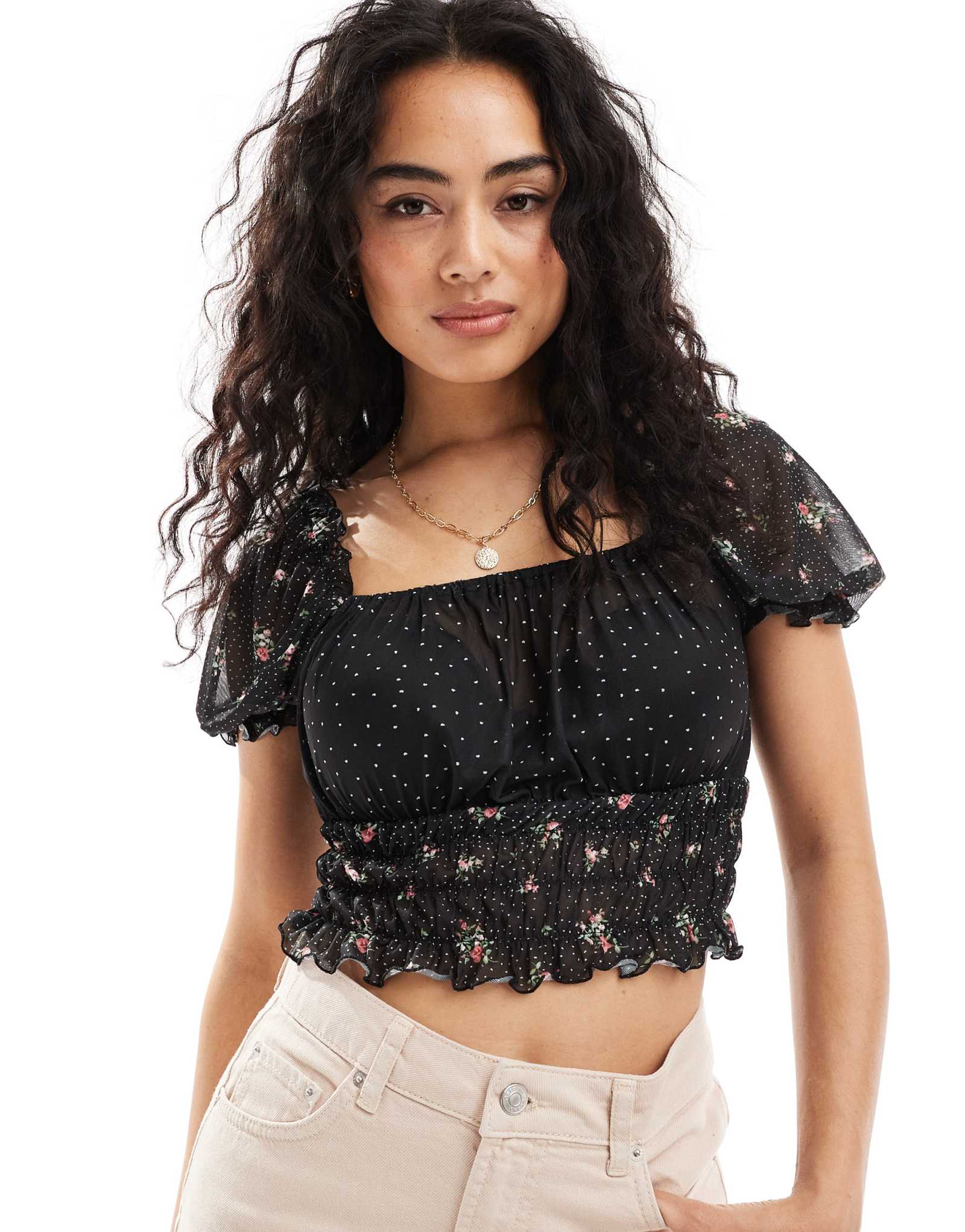 Шифоновый топ Vero Moda со смешанным принтом черного цвета