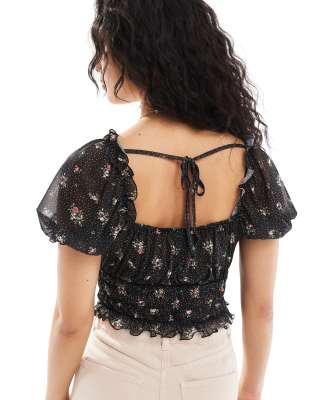Vero Moda Mixed Print Chiffon Top In Black