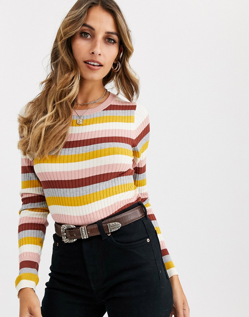 Vero Moda mixed stripe knitted jumper-Brown