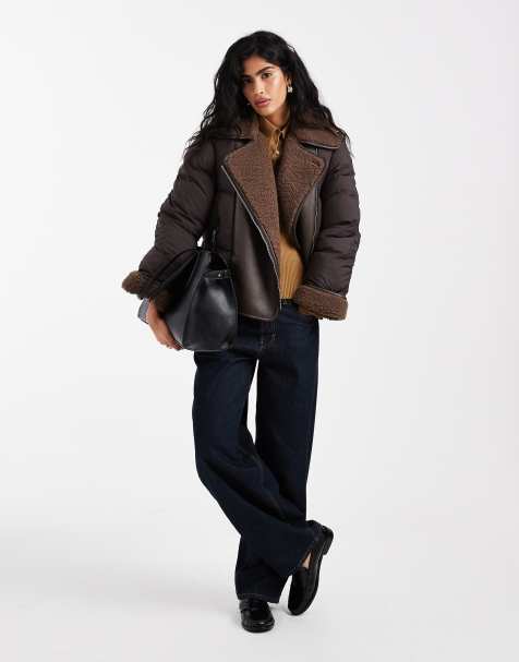 Vero Moda mixed textile short puffer jacket with borg trim in chocolate