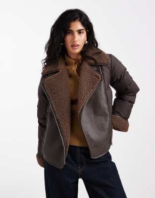 Vero Moda Mixed Textile Short Puffer Jacket With Borg Trim In Brown