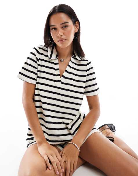 Vero Moda – Monokrom, randig t-shirt i frotté med pikékrage, del av set - view 1
