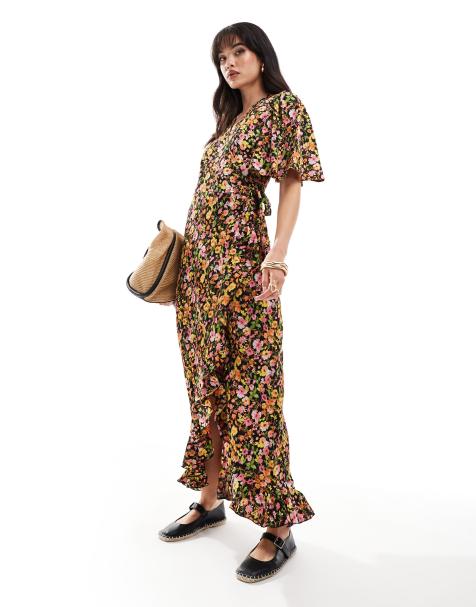 Vero Moda – Mörk blommig maxiklänning med omlottdesign framtill - view 1